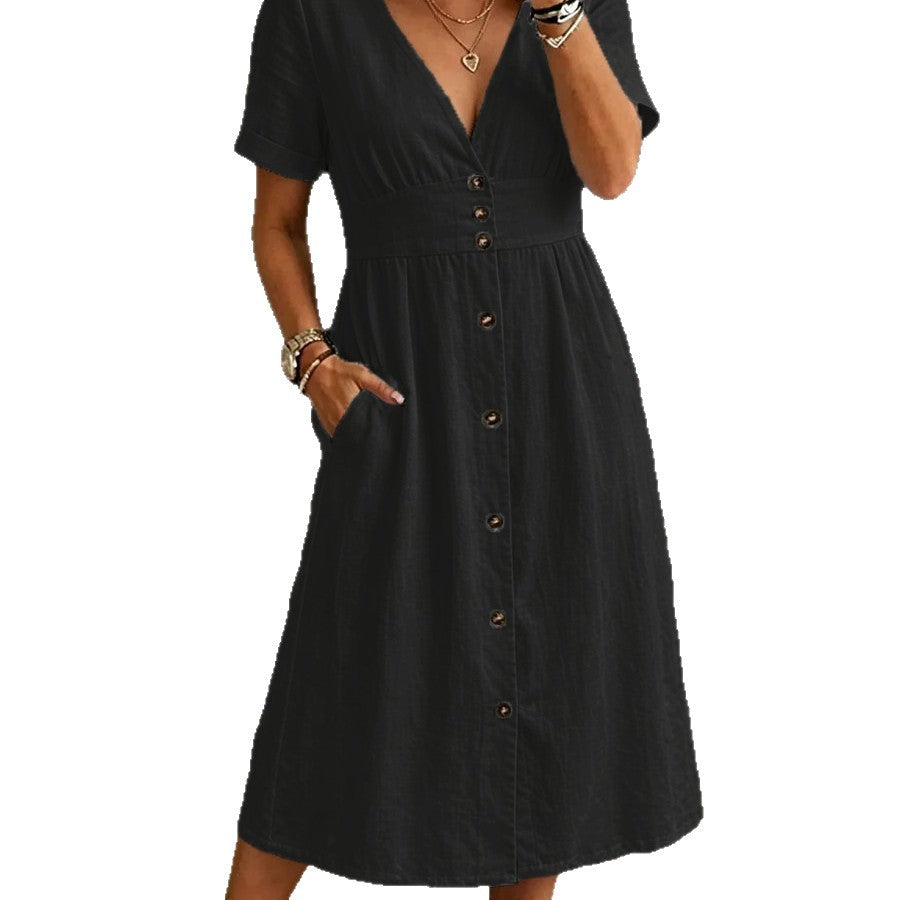 Robe Midi Verte à Boutons avec Décolleté en V et Taille Cintrée Élégante
