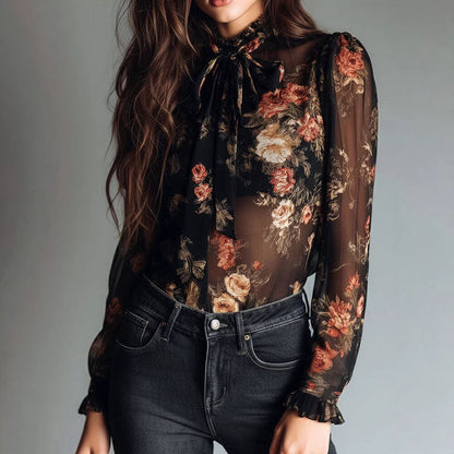 Chemise à col transparent à imprimé floral pour femme