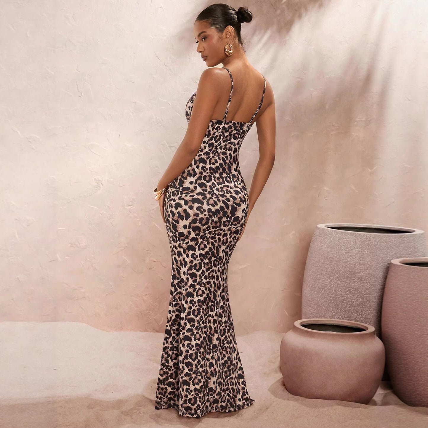 Robe nuisette sexy Longue Léopard Élégante à Bretelles Fines