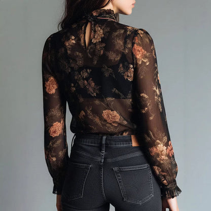 Chemise à col transparent à imprimé floral pour femme