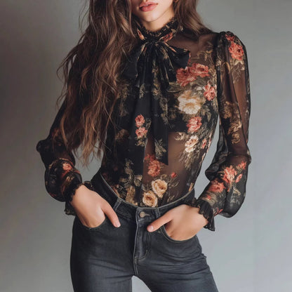 Chemise à col transparent à imprimé floral pour femme