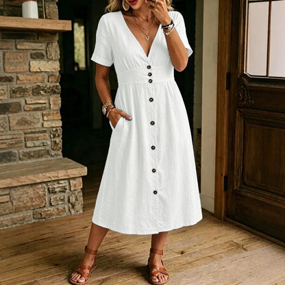 Robe Midi Verte à Boutons avec Décolleté en V et Taille Cintrée Élégante