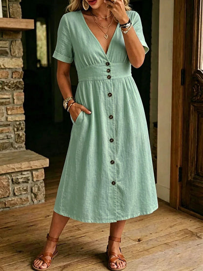 Robe Midi Verte à Boutons avec Décolleté en V et Taille Cintrée Élégante