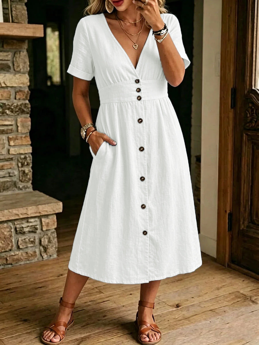 Robe Midi Verte à Boutons avec Décolleté en V et Taille Cintrée Élégante
