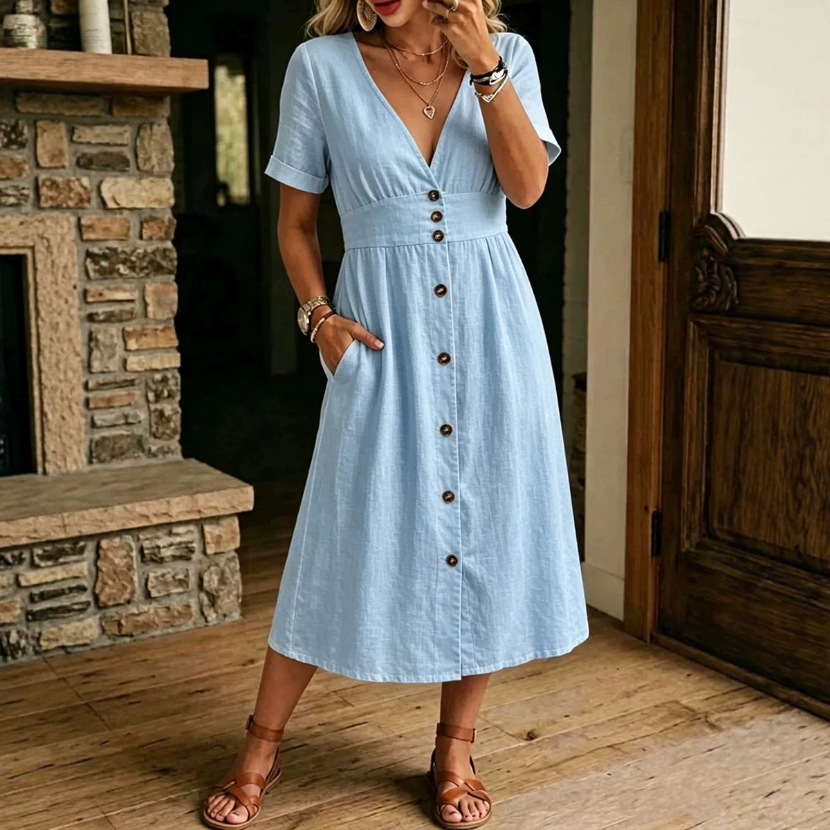 Robe Midi Verte à Boutons avec Décolleté en V et Taille Cintrée Élégante