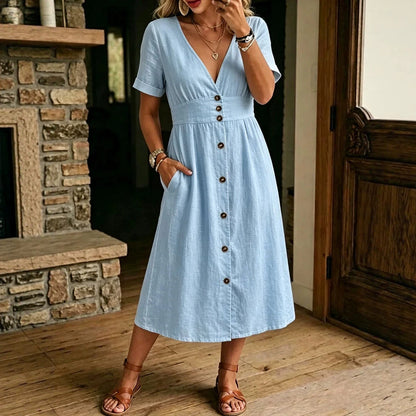 Robe Midi Verte à Boutons avec Décolleté en V et Taille Cintrée Élégante