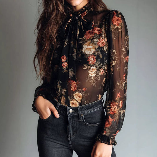 Chemise à col transparent à imprimé floral pour femme
