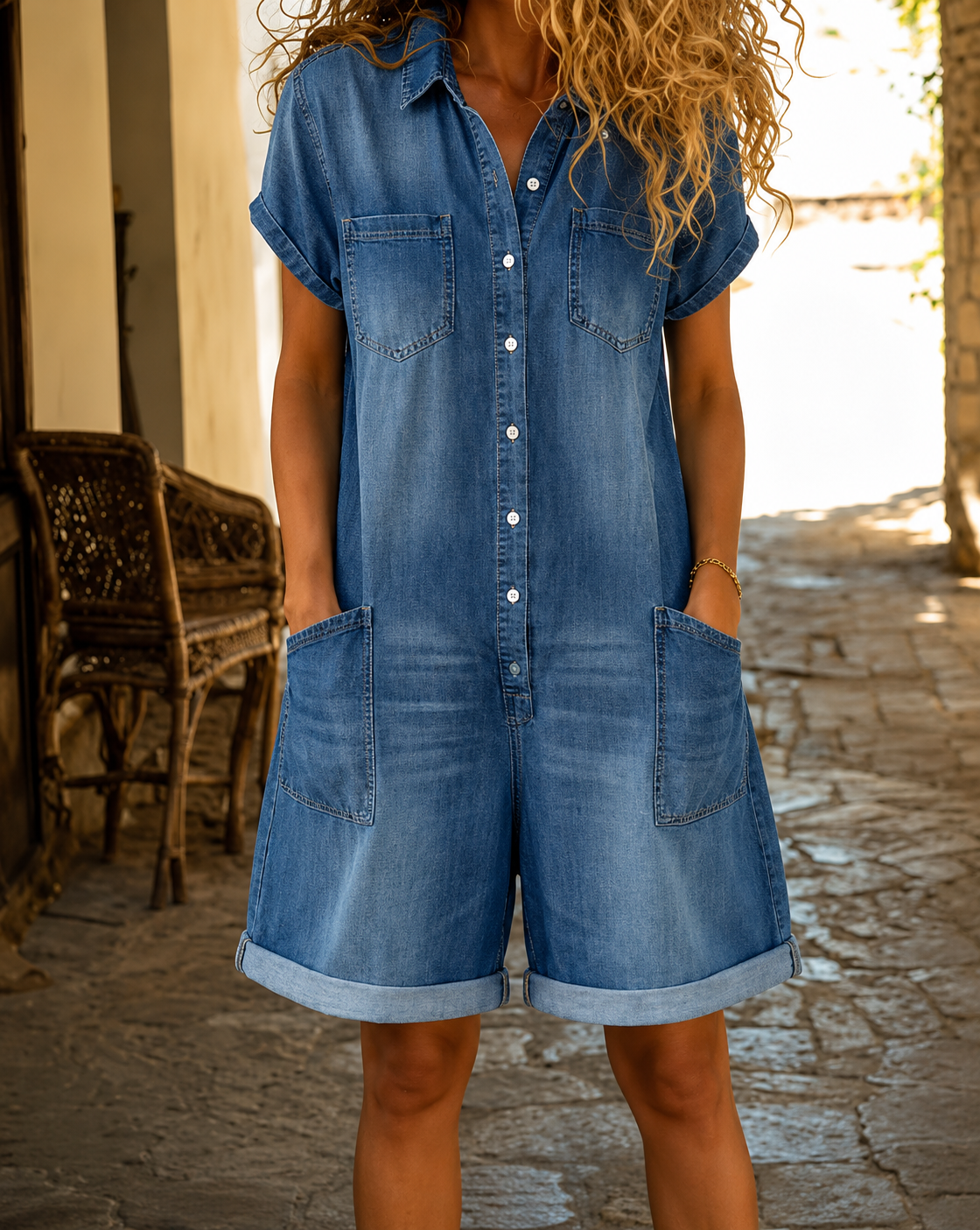 Combinaison Short en Denim Femme Décontractée