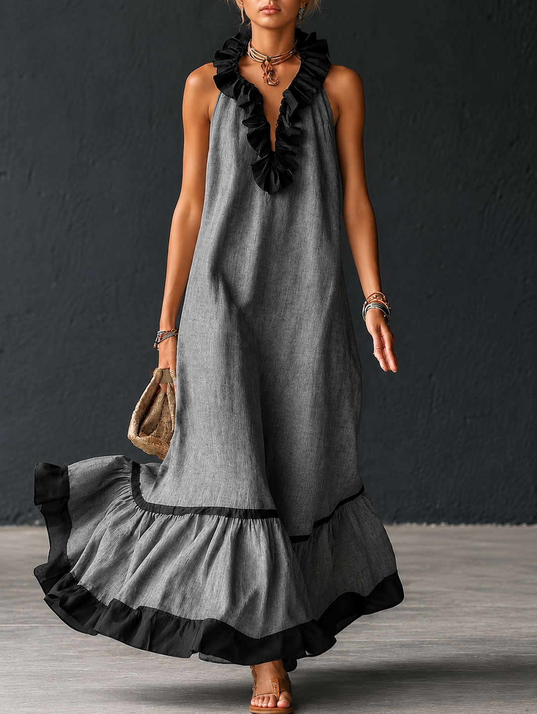 Robe Longue Fluide à Volants Chic
