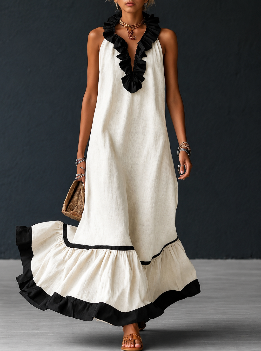 Robe Longue Fluide à Volants Chic