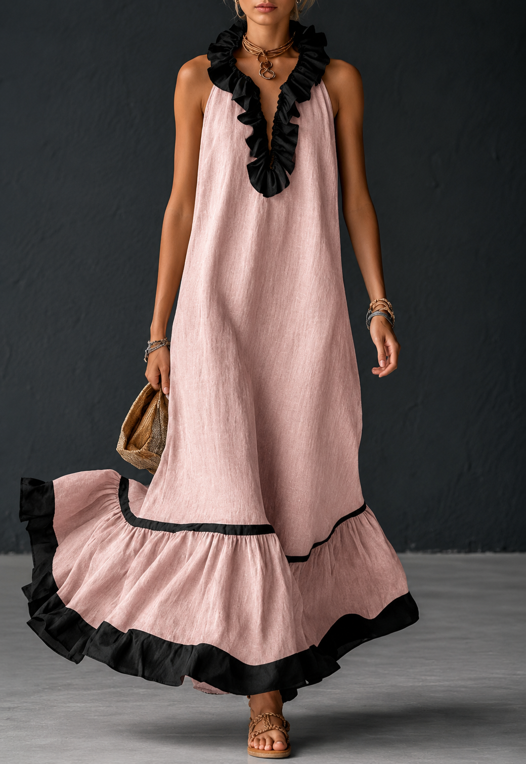 Robe Longue Fluide à Volants Chic