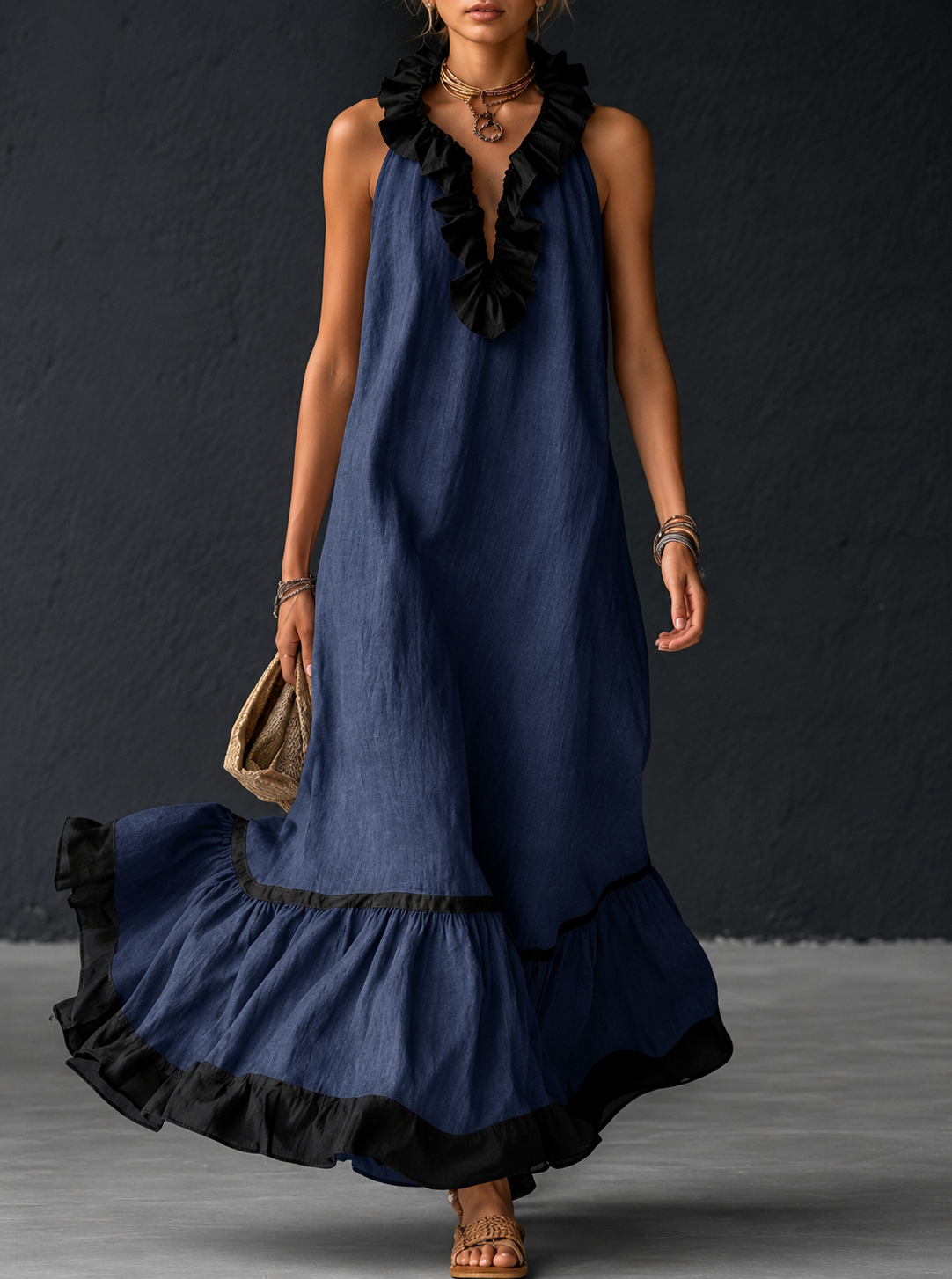 Robe Longue Fluide à Volants Chic