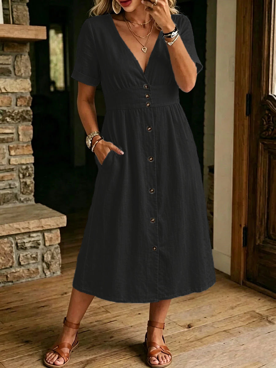 Robe Midi Verte à Boutons avec Décolleté en V et Taille Cintrée Élégante