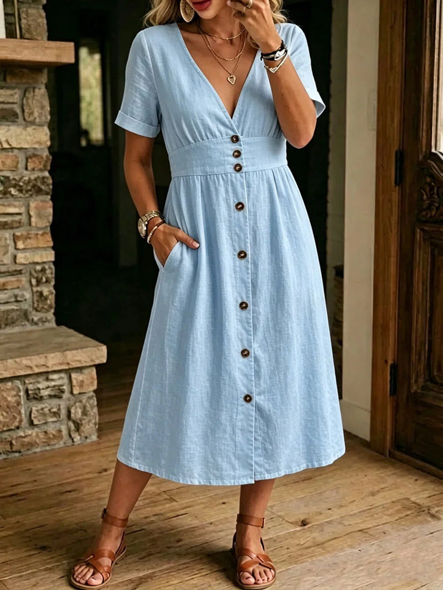 Robe Midi Verte à Boutons avec Décolleté en V et Taille Cintrée Élégante