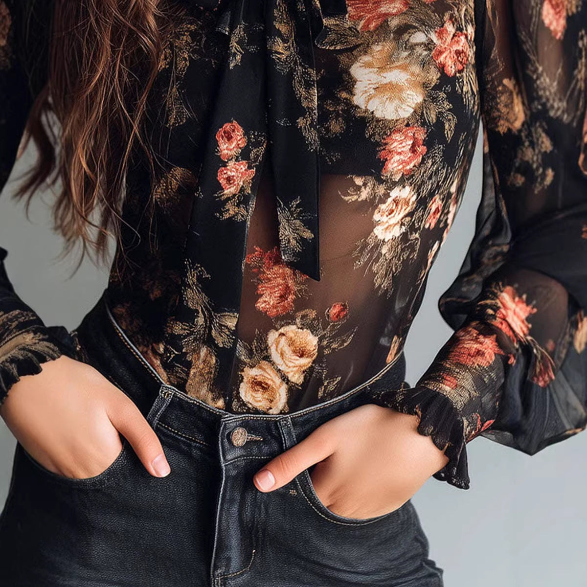 Chemise à col transparent à imprimé floral pour femme