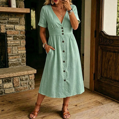 Robe Midi Verte à Boutons avec Décolleté en V et Taille Cintrée Élégante